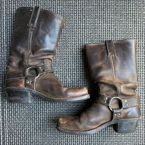 Frye Harness 12R Brown Tan Smoke Leather Square Toe Mid-Calf Moto Boots - Size 9